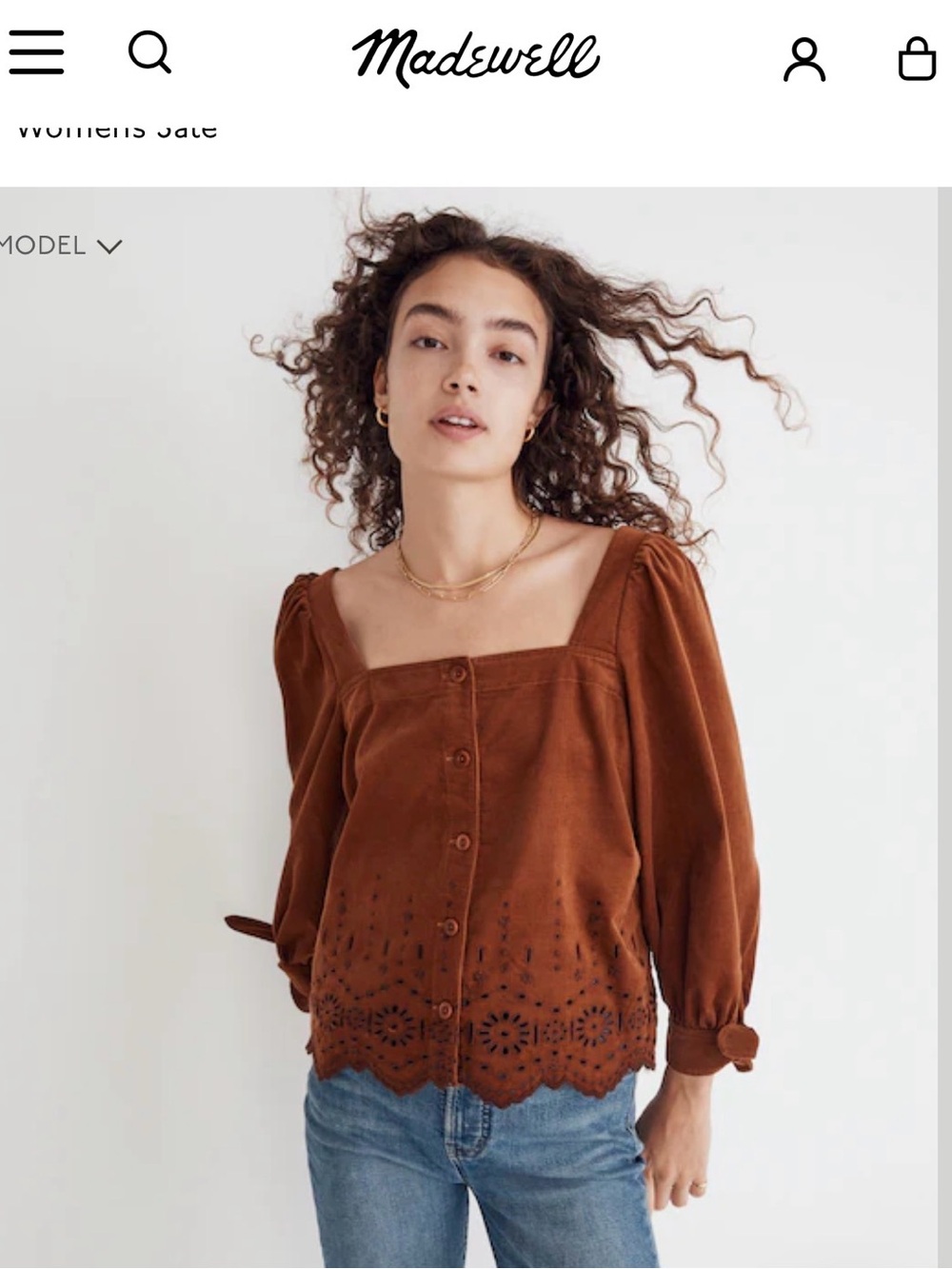 Madewell Rust Button-Front Eyelet-Hem Square Neck Blouse Small